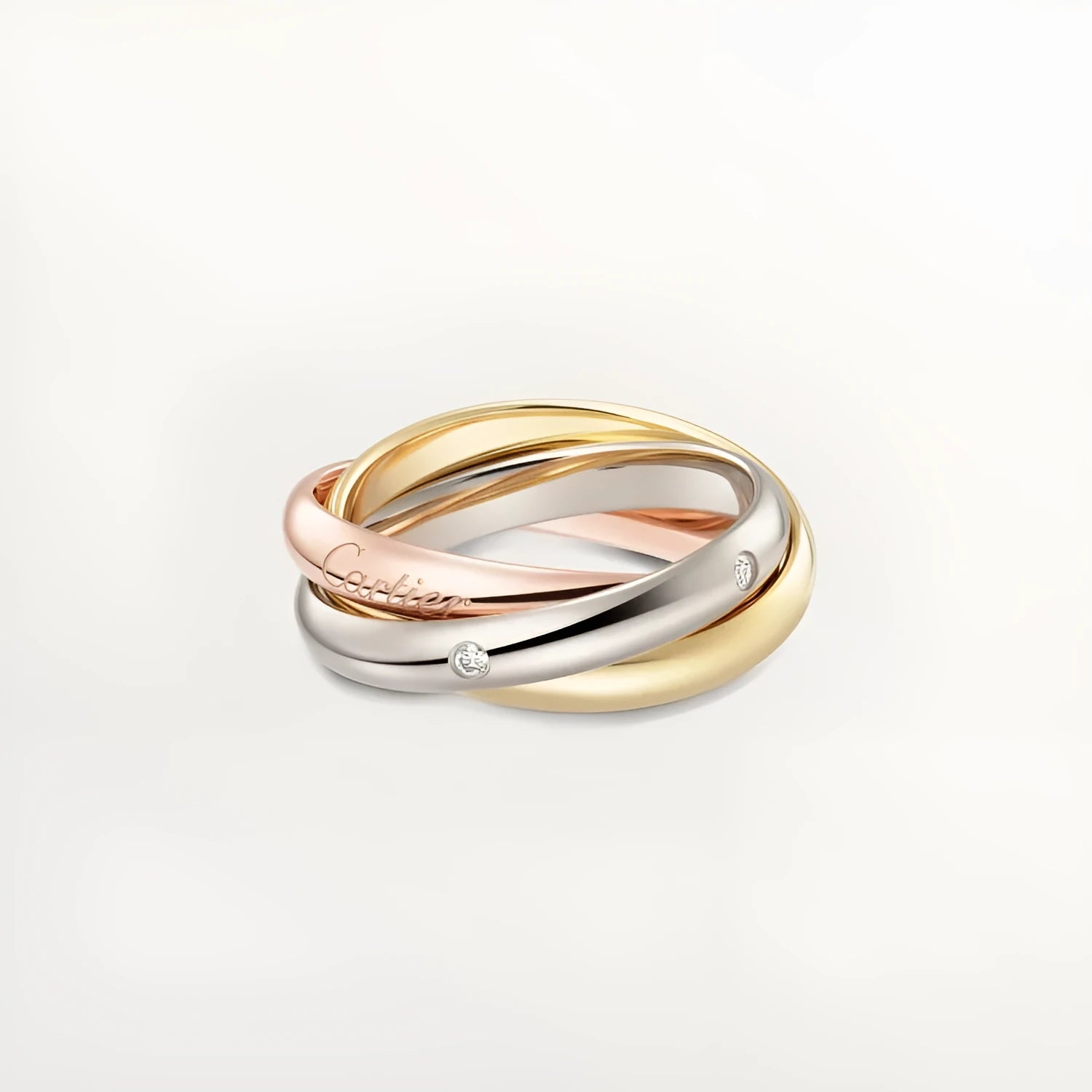Set of three sterling silver rings with full band of diamonds, showing gold rose and silver black finishes on a geometric U-shaped profile.