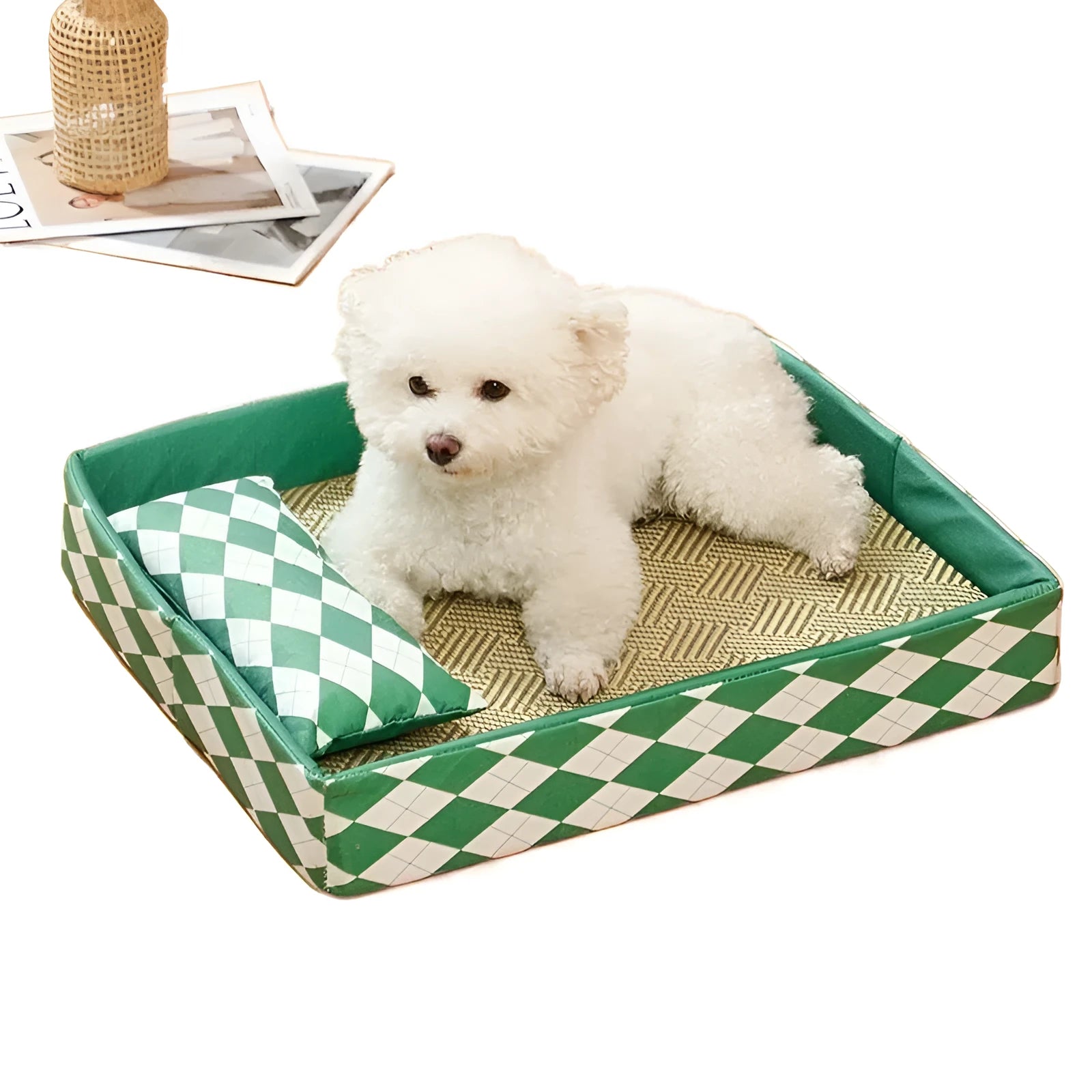 Blue rattan cat litter mat serving as dual-purpose pet bed and litter containment area