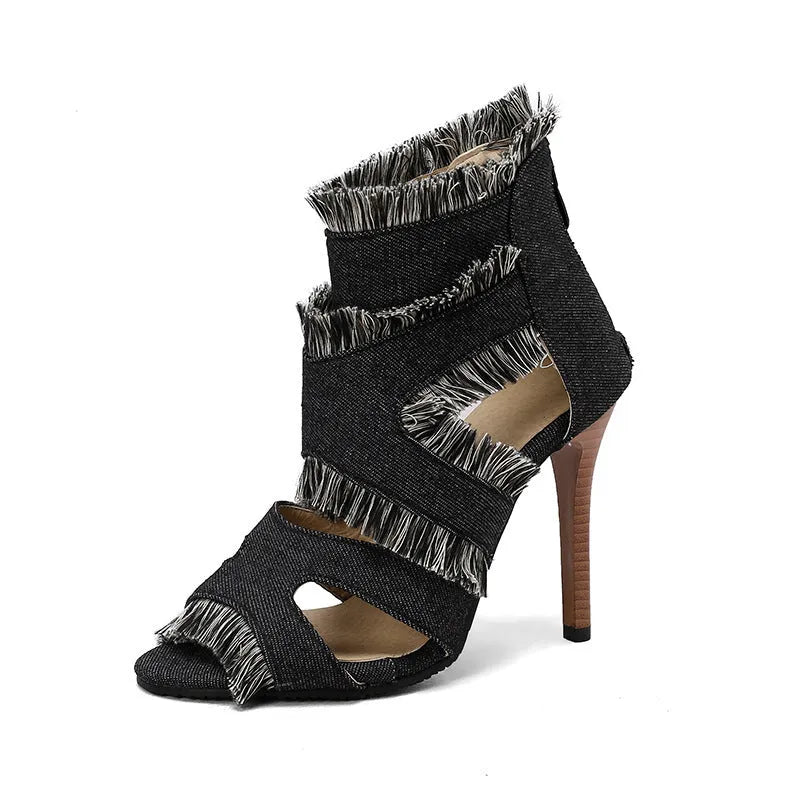 Plus size denim high heel sandals in leopard print, plaid, and solid colour options
