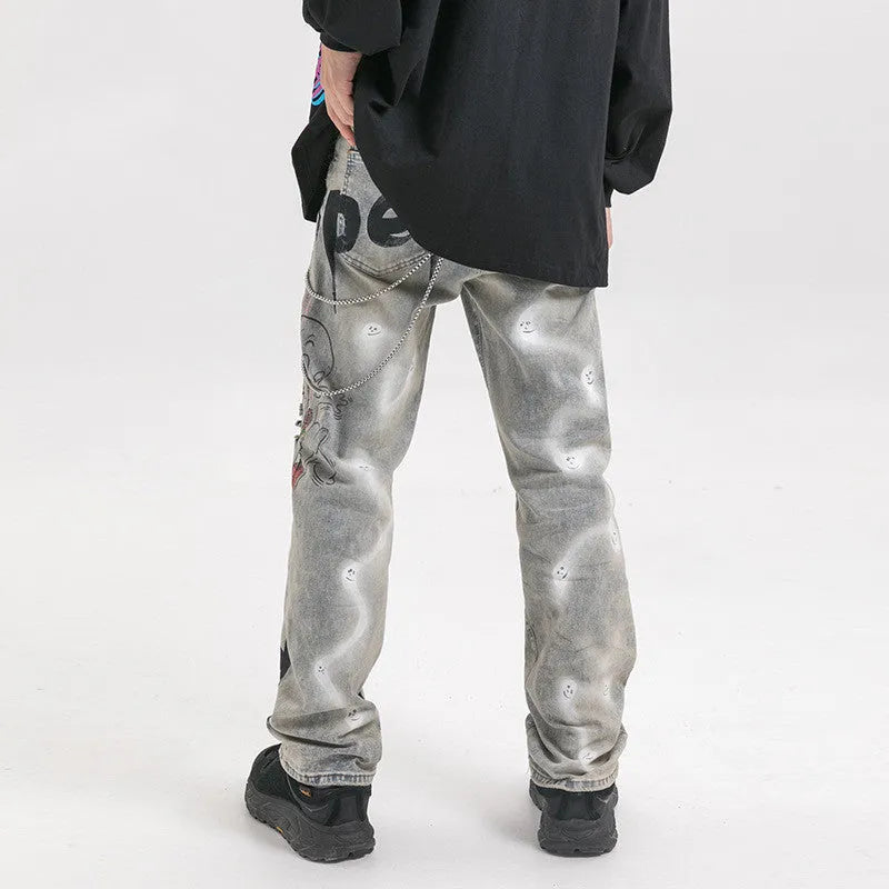 Men's grey cotton jeans trousers, sizes S to XXL, with waist, hip and length measurements in cm.
