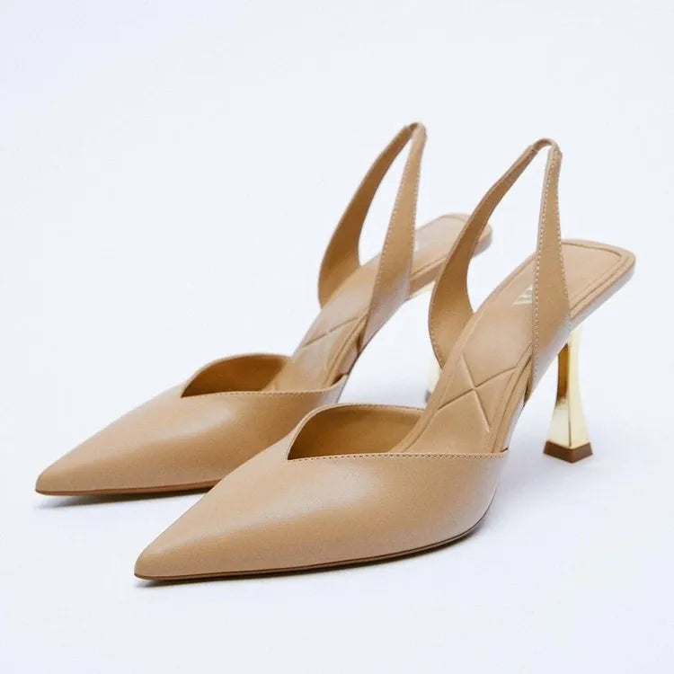 Women's pointed toe patent leather high heels in apricot with a shallow mouth design.
