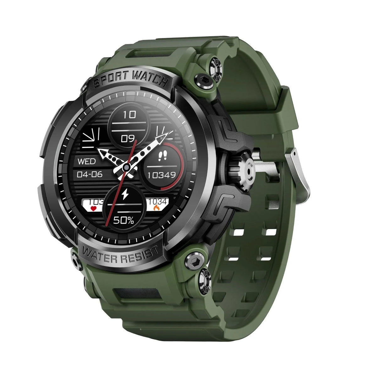 Smart watch in black with TFT screen showing heart rate display, Bluetooth calling function, and health monitoring features