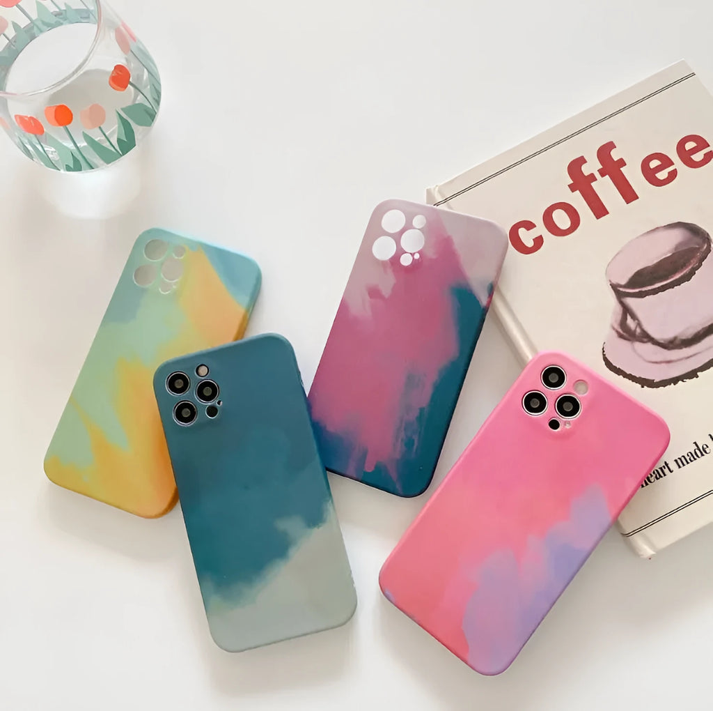 Abstract oil painting gradient geometric soft silicone phone case for Apple iPhone in blue, green, pink, or purple