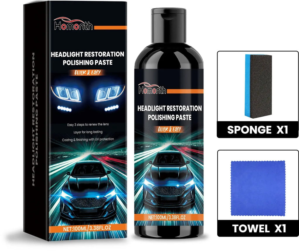 100ml headlight restoration polishing paste repair cream tube with black label beside a cloth and sponge