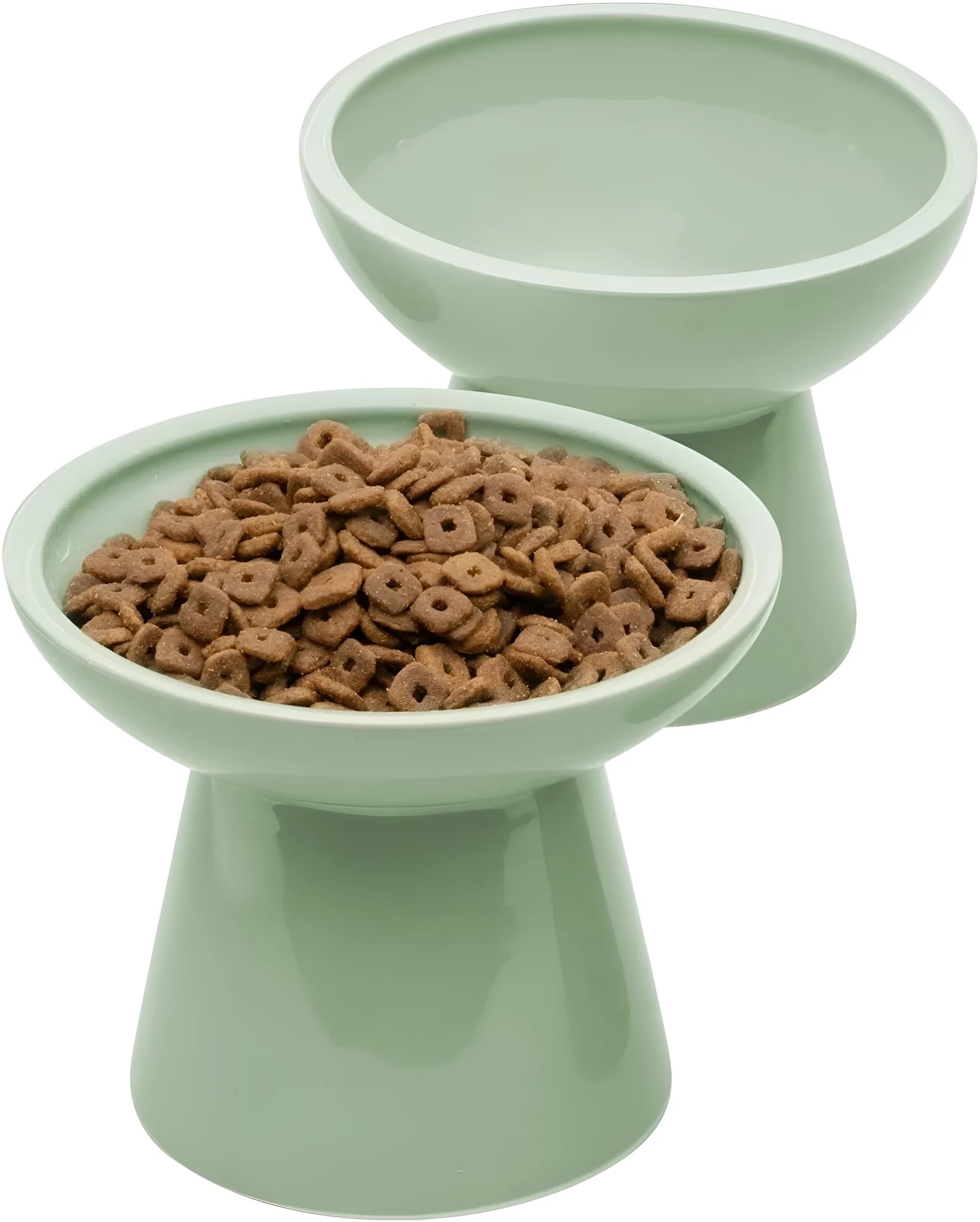 Wide shallow ceramic elevated cat food bowl in blue colour showing dimensions