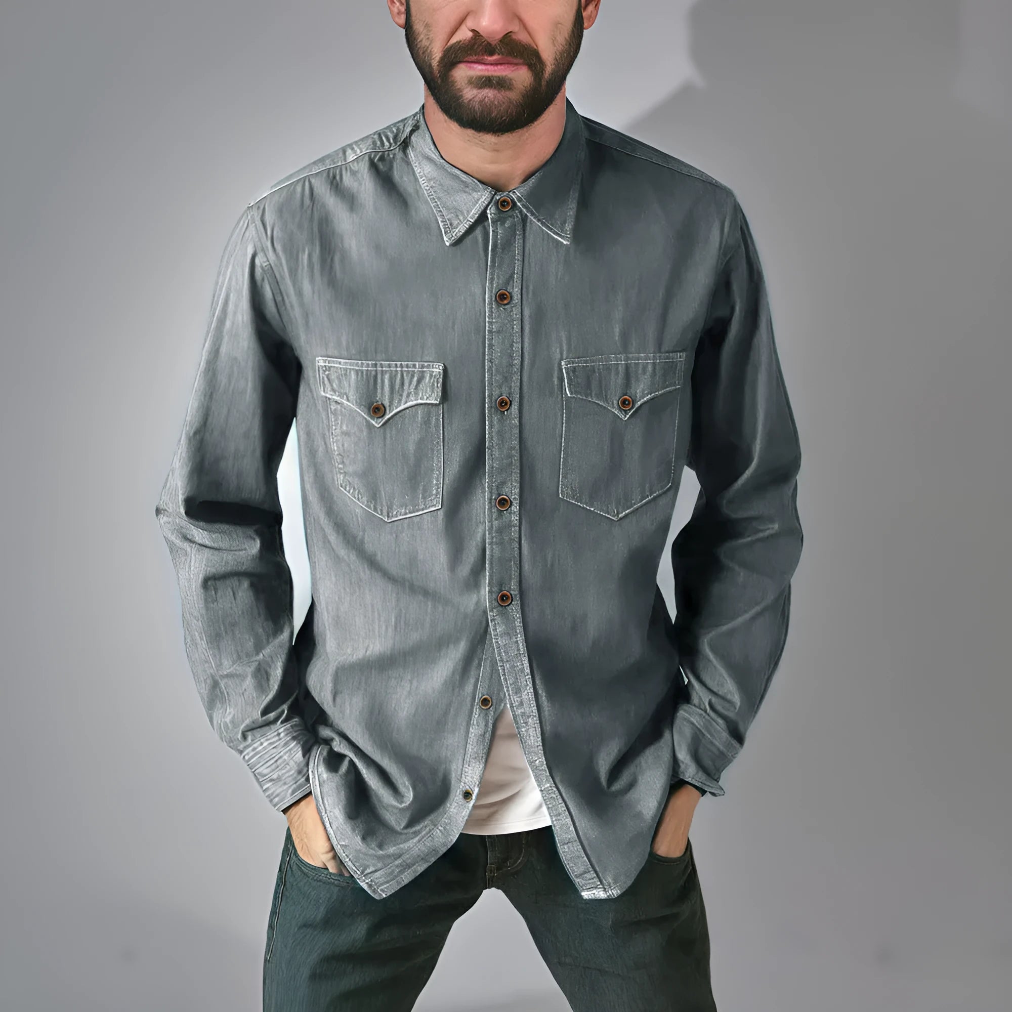 A khaki-coloured cotton denim cardigan coat with long sleeves on a hanger.