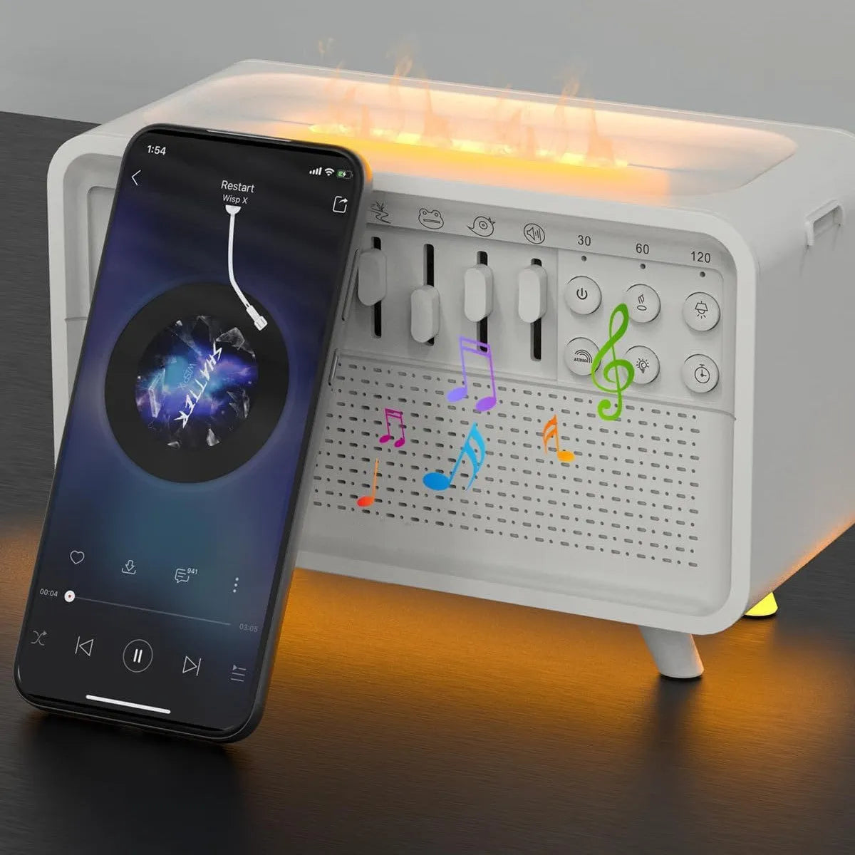 White geometric 3-in-1 Bluetooth speaker, white noise machine, humidifier, and night light unit on a surface