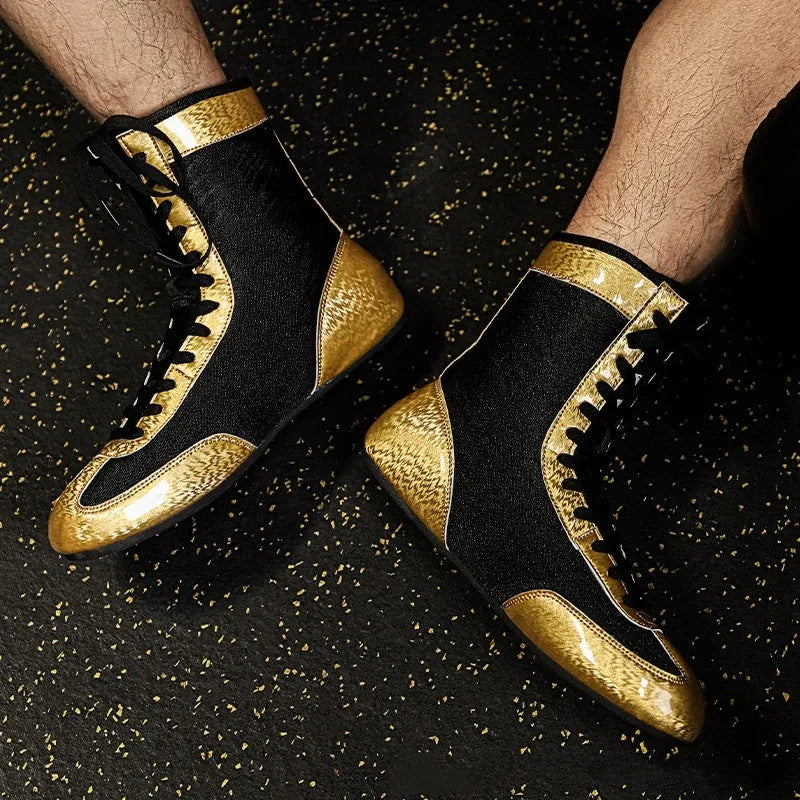 Black gold professional boxing shoes with mesh upper and rubber sole