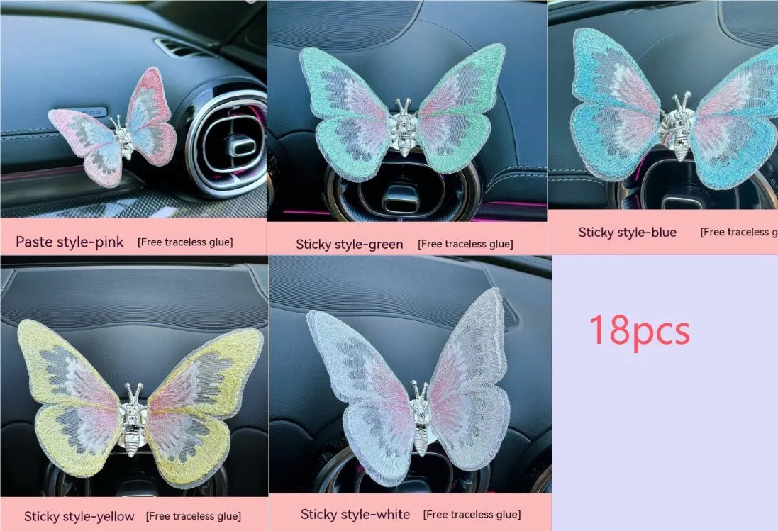 Embroidered fabric butterfly car air vent decoration showing colour options and mounting clips