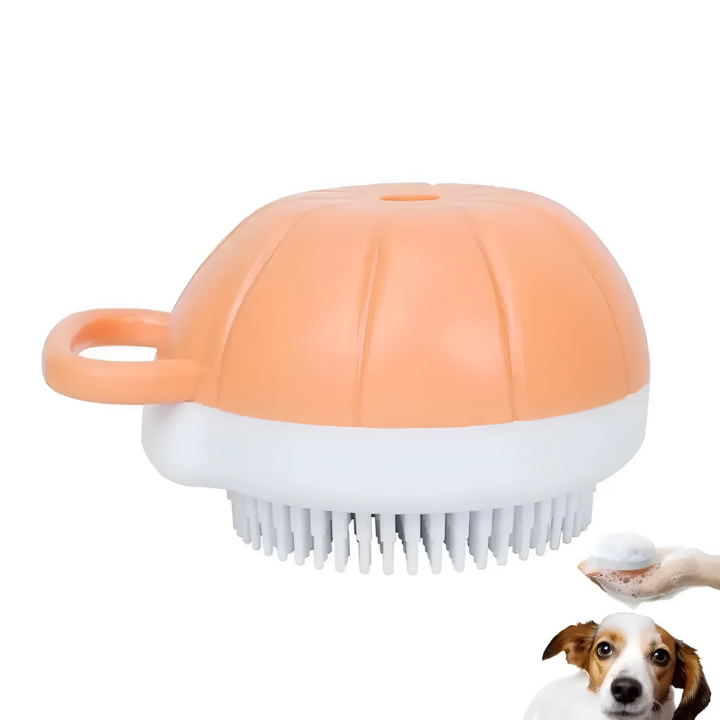 Orange TPR dog bath brush with shampoo dispenser and curved pumpkin grip design