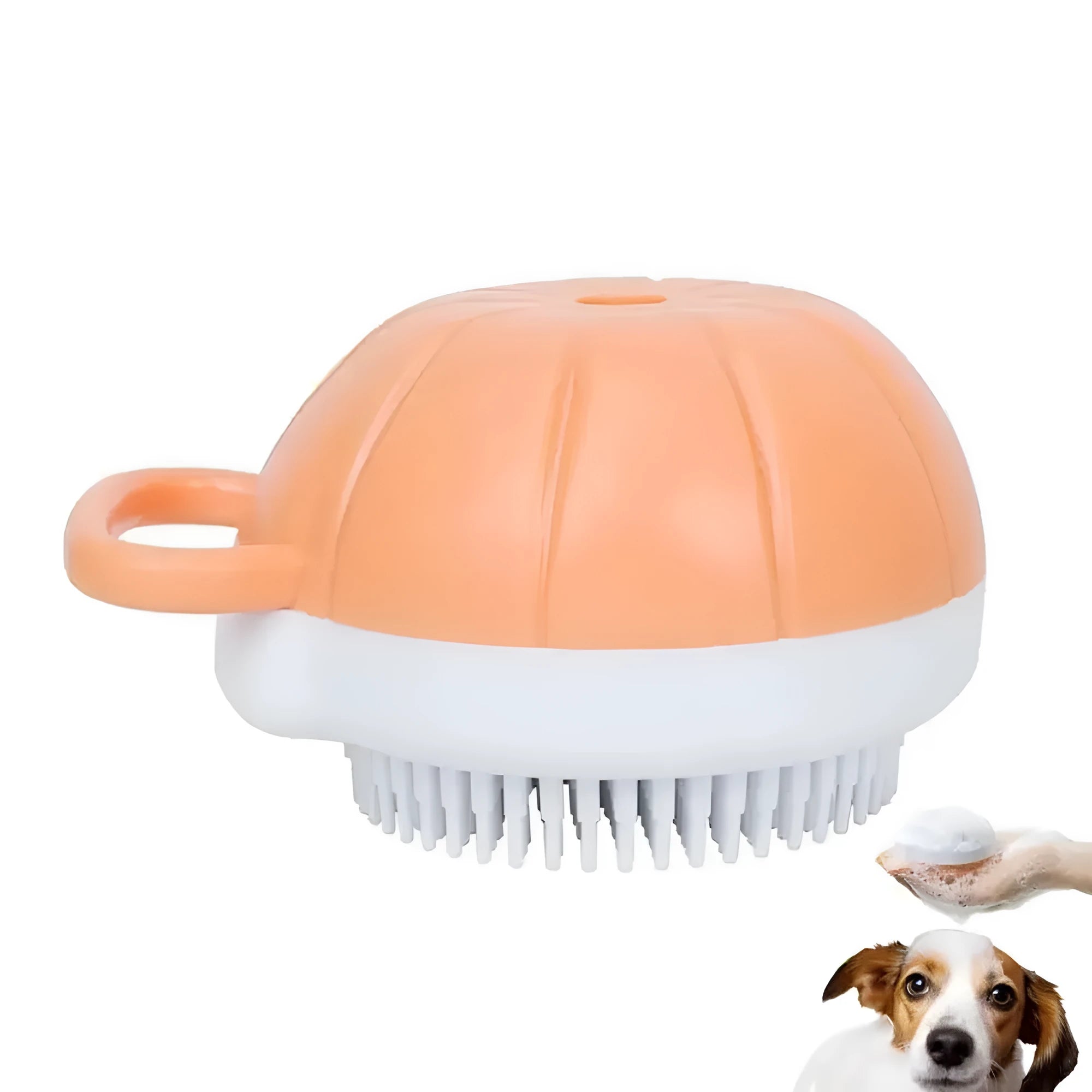 Orange TPR dog bath brush with shampoo dispenser and curved pumpkin grip design