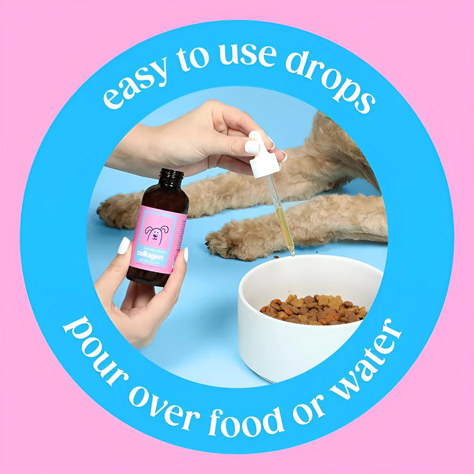 Bottle of pet collagen drops for dogs and cats, liquid supplement for joint health and skin coat support