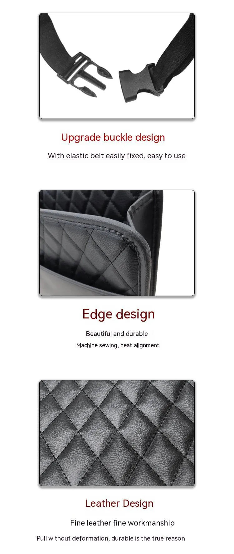 Leather hanging car storage bag in black, shown attached to a car seat headrest