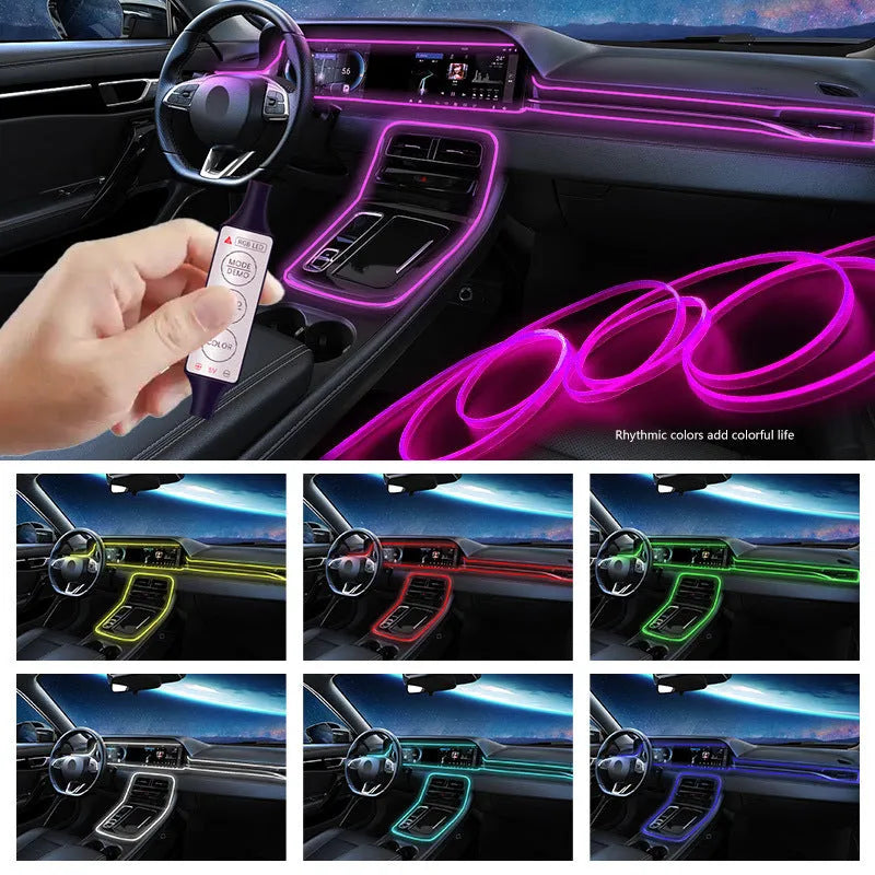 RGB LED car interior light strip with USB connection showing multiple colour illumination options
