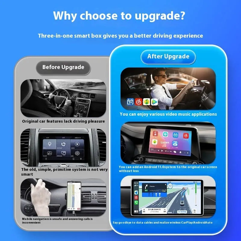 Black Android car connectivity box converting wired CarPlay to wireless smartphone integration
