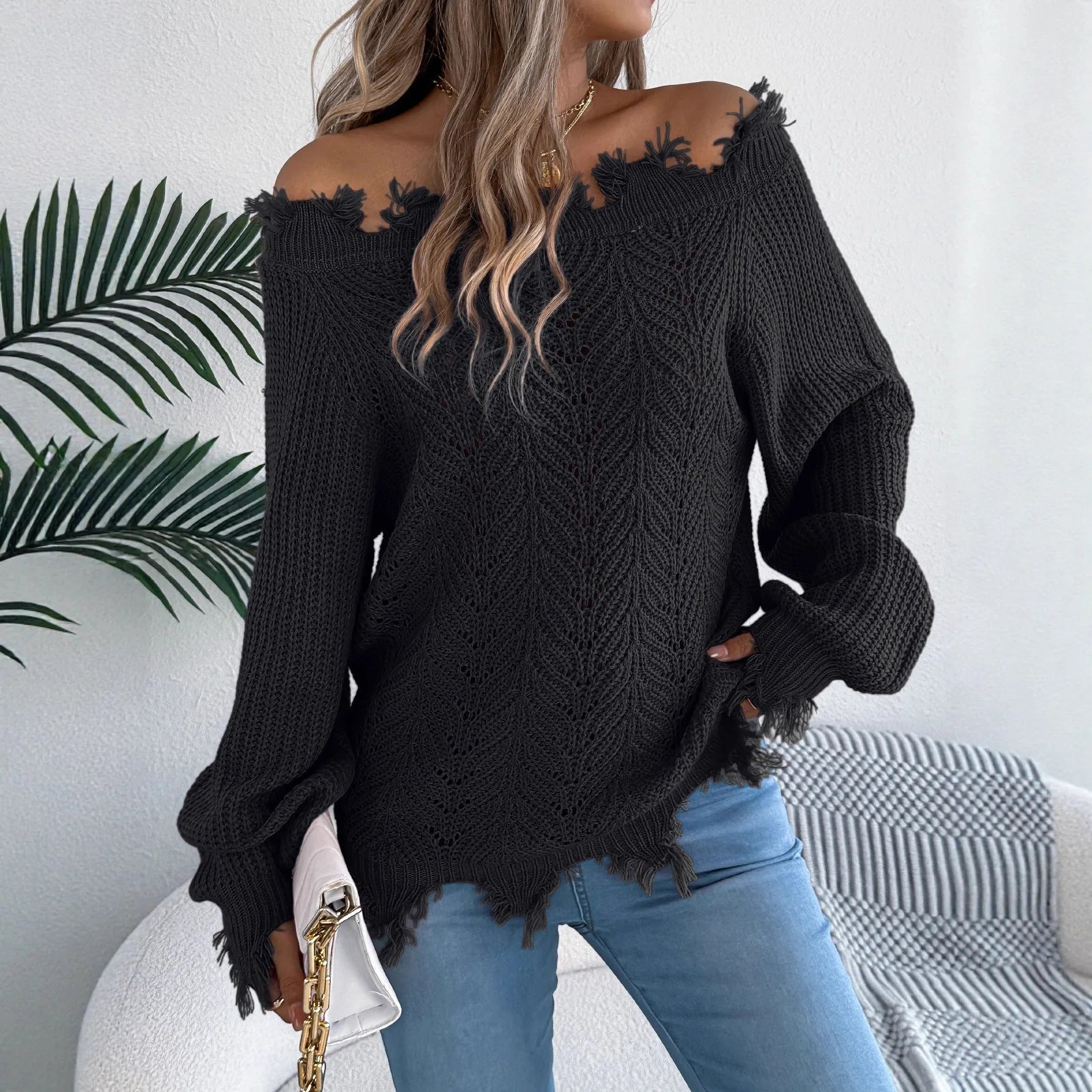 Women's hollow-out cut-off shoulder pullover sweater in acrylic fibre fabric
