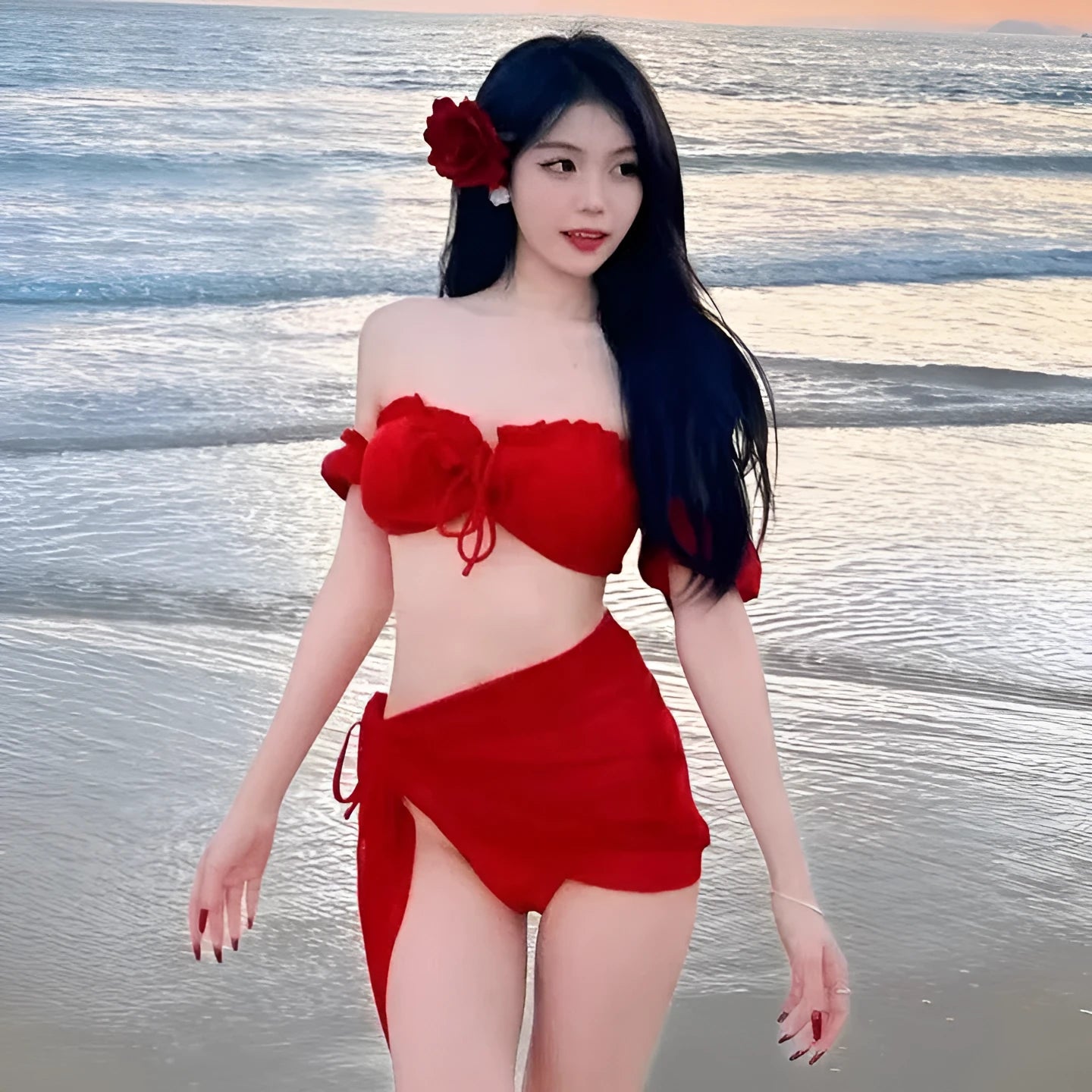 Red women's bikini swimsuit with puff sleeve skirt top and matching briefs