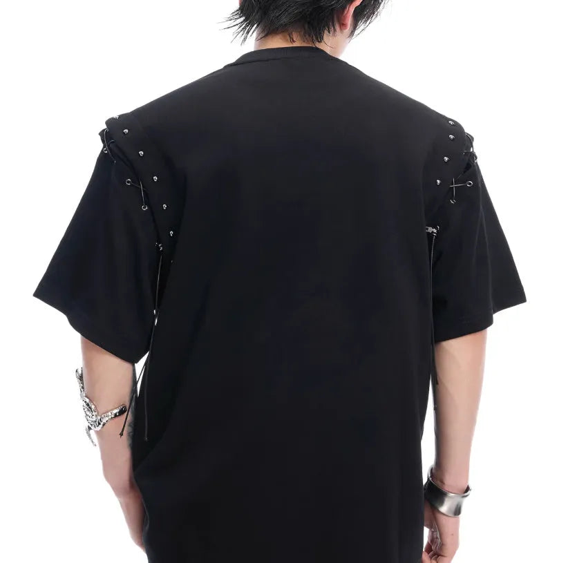 Black short sleeve T-shirt with a lace-up cutout design detail on the front.
