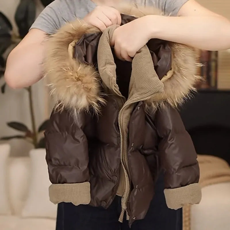 Children's brown fake two-piece winter jacket with polyester fibre padding, available in heights 110cm to 160cm.