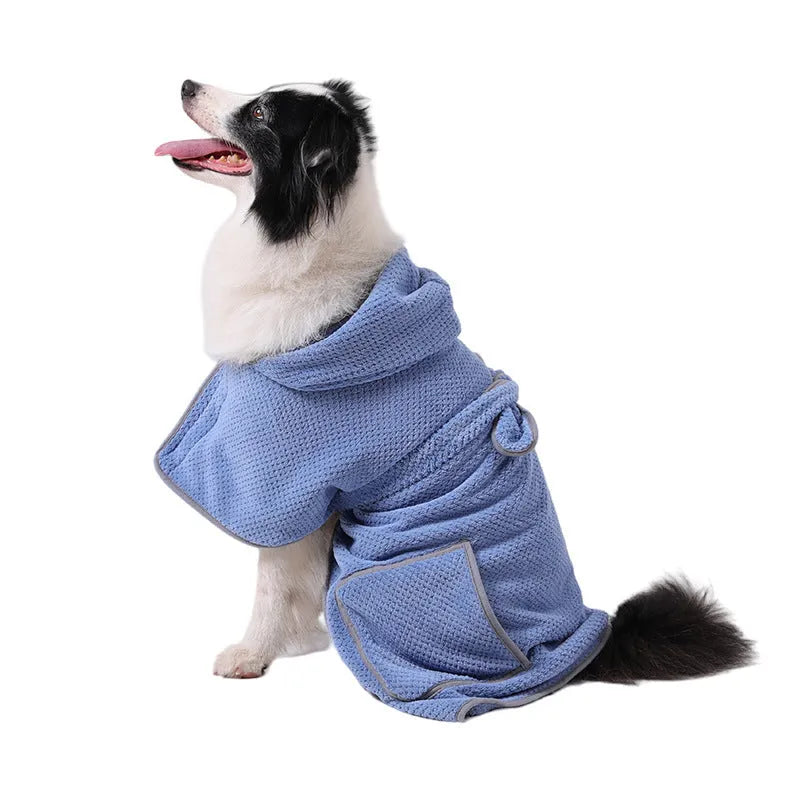 Blue adjustable dog bath robe towel wrapped around medium-sized dog after bathing