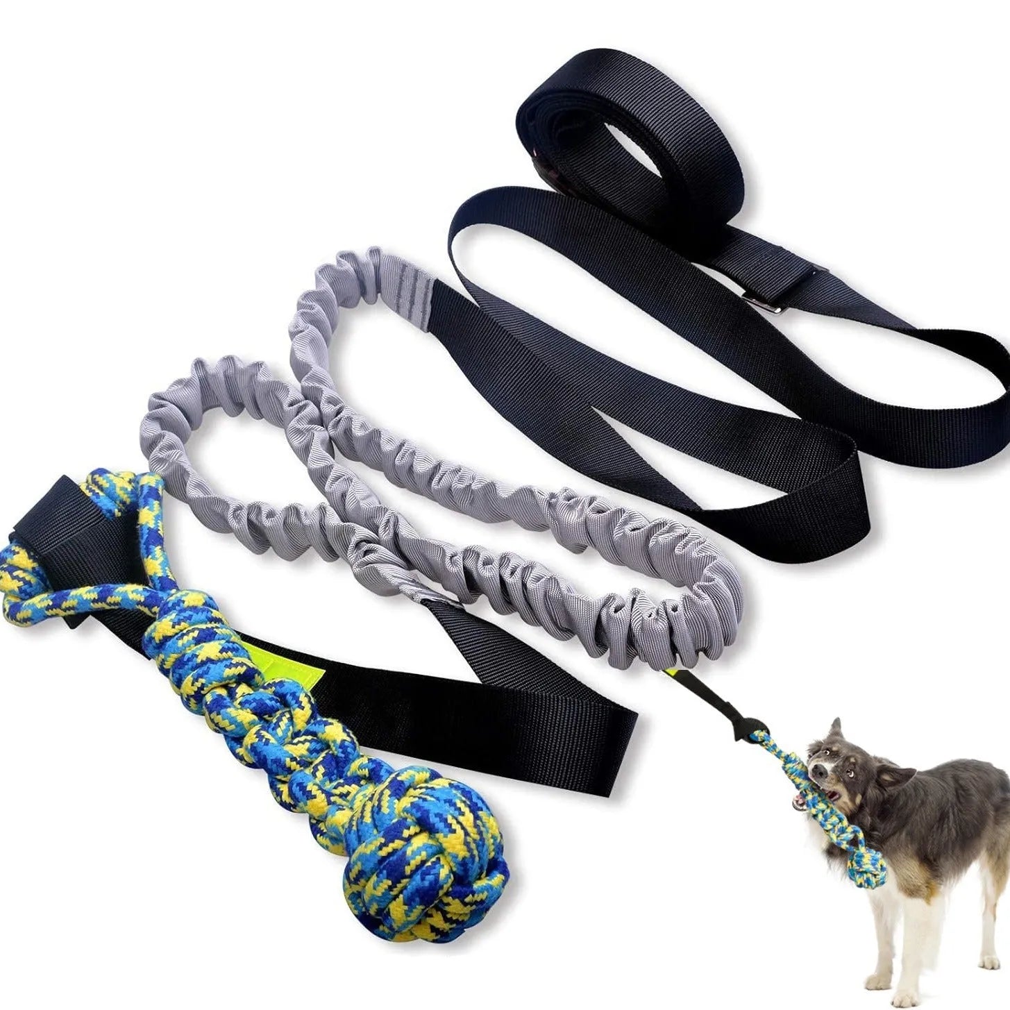 Green cotton rope dog tug toy with corncob and teether ball designs for interactive play.