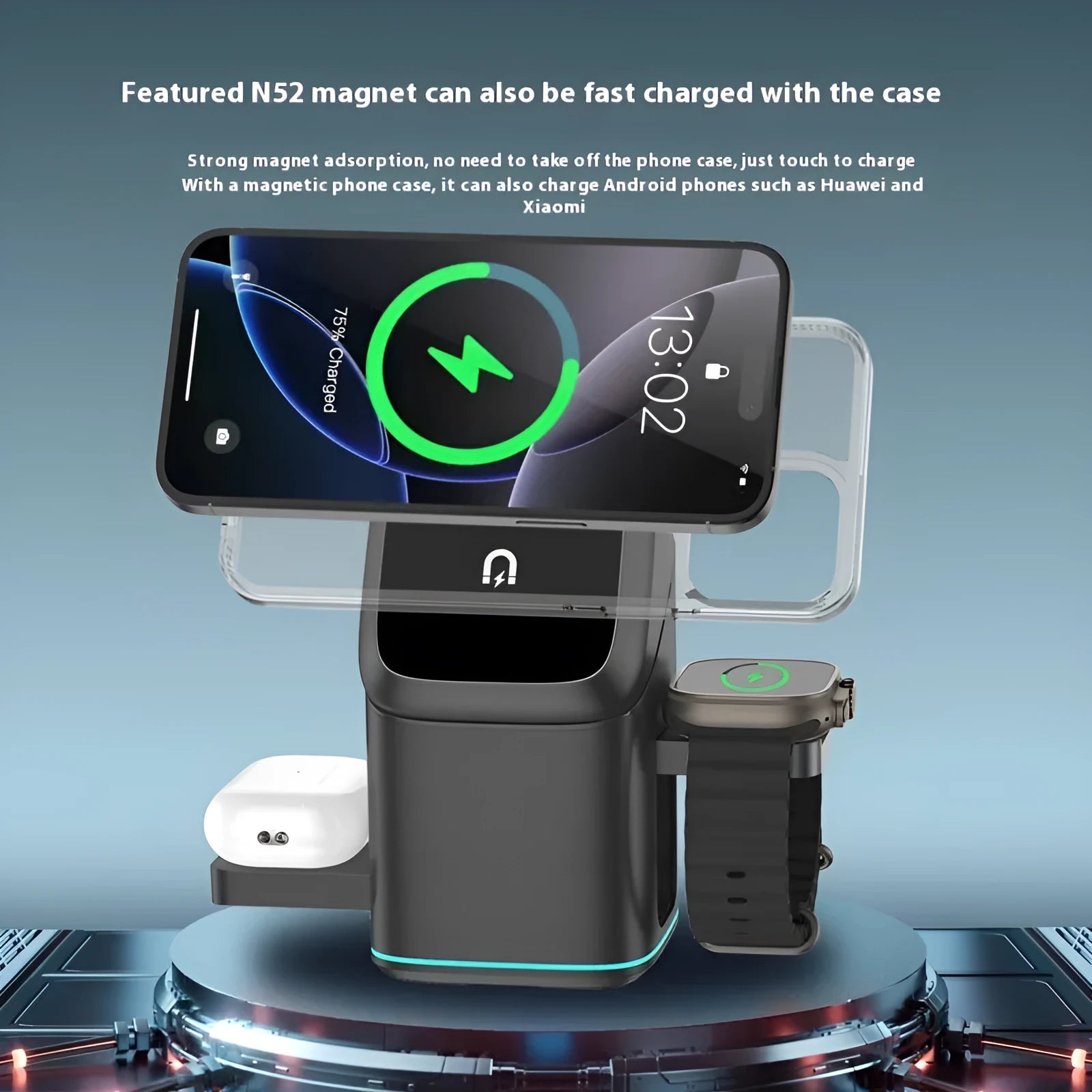 Black and silver mobile phone magnetic wireless charging stand with rotation function
