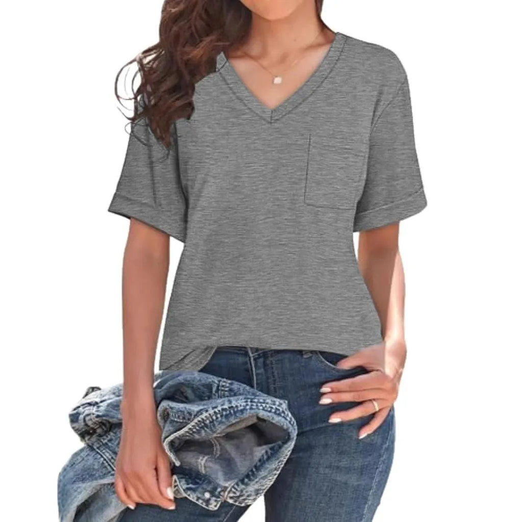 Grey loose fit V-neck t-shirt with a chest pocket on a solid background