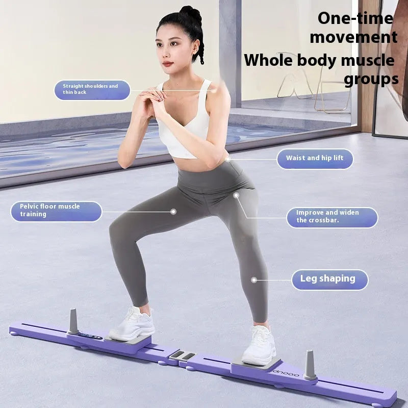 Split multifunctional skiing machine trainer, a long purple fitness board on a home floor.