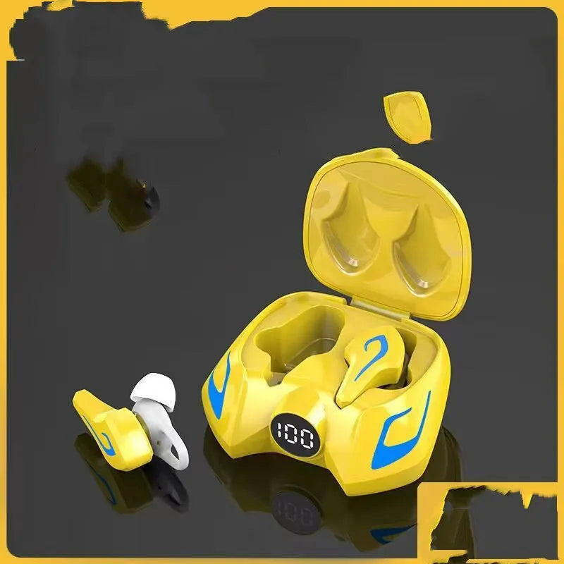 Black, dark grey, and yellow colour variants of a Bluetooth gaming headset with earplug-style earpieces.