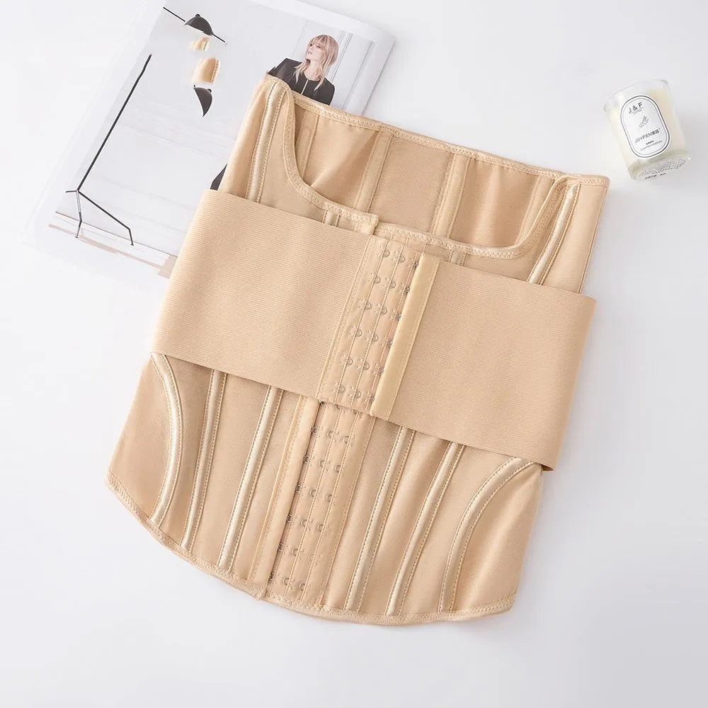 Black adjustable nylon belly band for waist training, shown with its belt tie, on a mannequin.