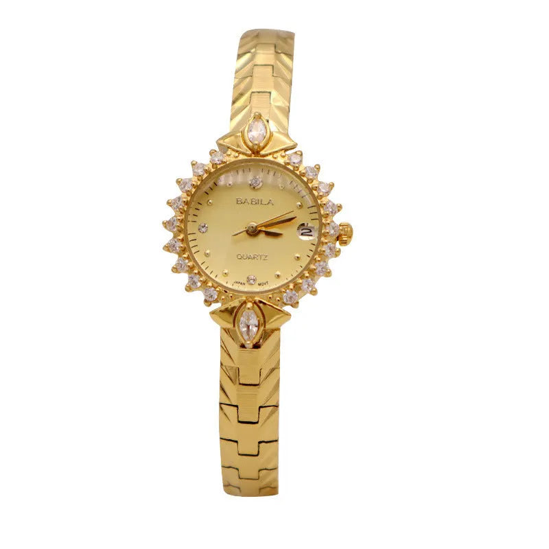 Women's quartz watch with diamond-textured metal bracelet and slim 6mm gold-tone case