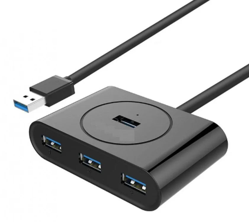 Deep black USB one-to-four splitter with GL3510 chip, ABS shell and Micro USB power port, 25cm to 200cm