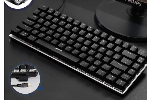 Heijue AK33 82-key mechanical keyboard black shaft white light version on desk with metal panel