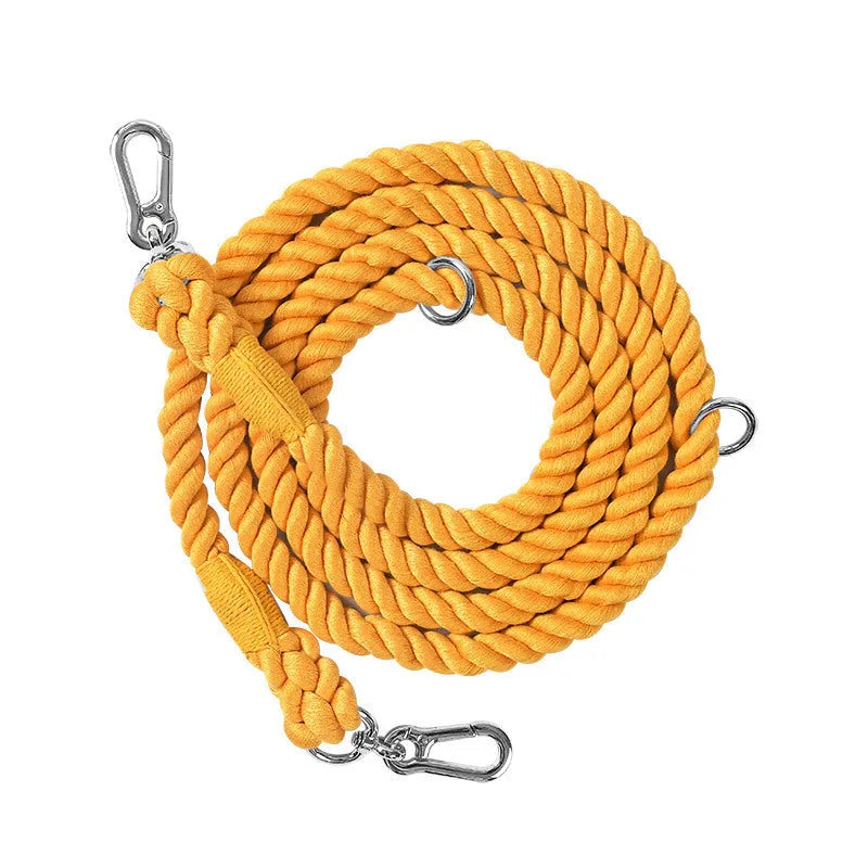 Woven rainbow double-ended dog lead with hand-held rope section in multiple colour options