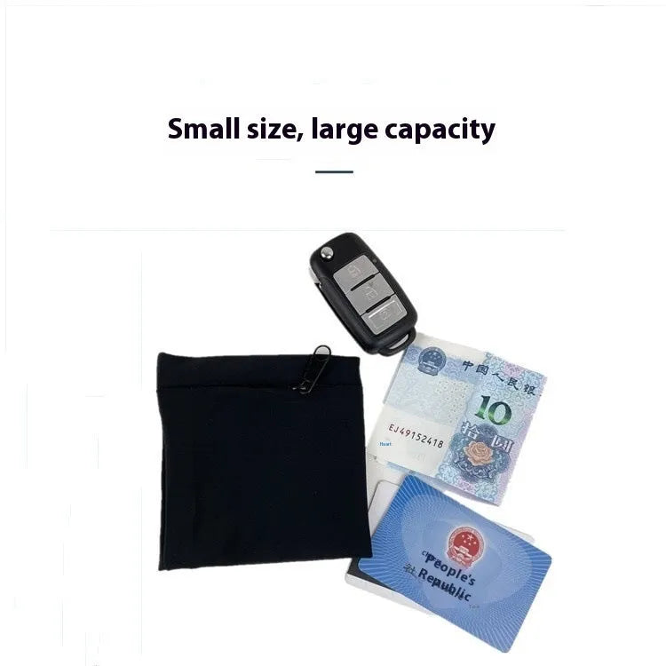 Black wrist armband with adjustable strap and a 10cm by 10.5cm main compartment for a mobile phone.