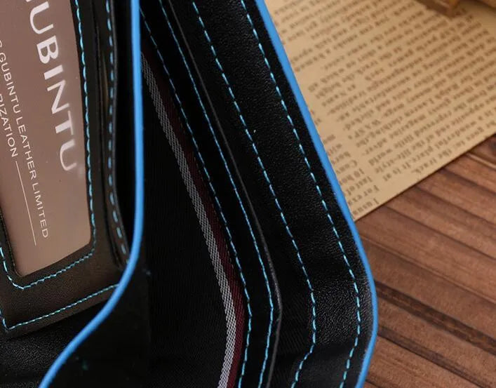 PU leather man wallet in black with blue edge, showing card slots and bill compartments