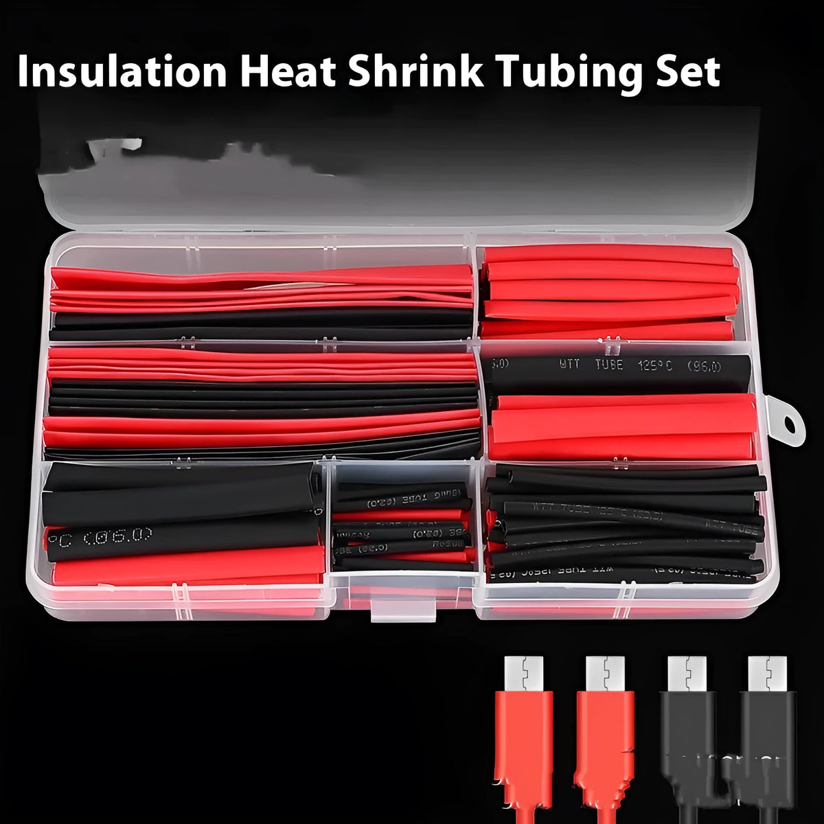 Box of 150 heat shrinkable sleeve tubes in PE material, black and red colours, for wire insulation