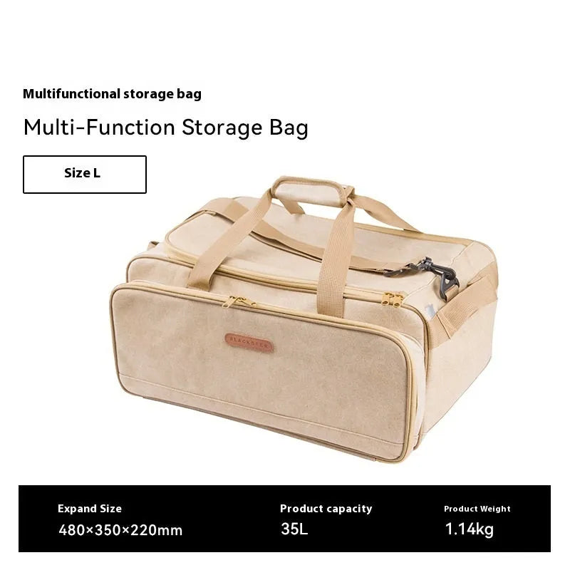 Oxford cloth camping cookware storage bag shown in two sizes, 16 litre and 35 litre, for portable stoves.