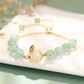 Adjustable rabbit charm bracelet with green aventurine or strawberry quartz stone beads and gold accents