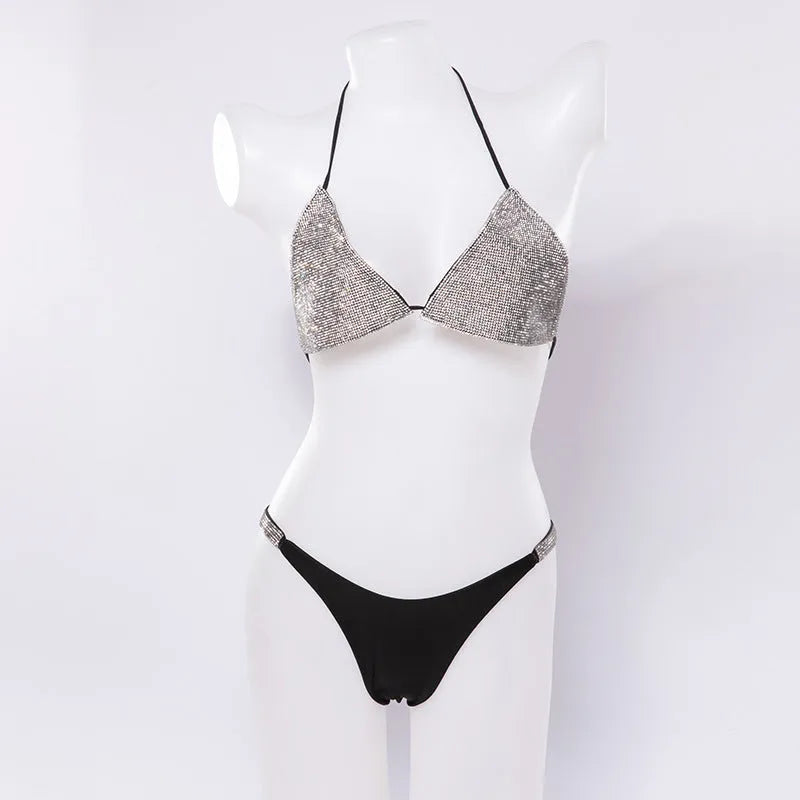 Ladies split swimsuit bra set with lattice pattern in black, white, or rose red, sizes S M L