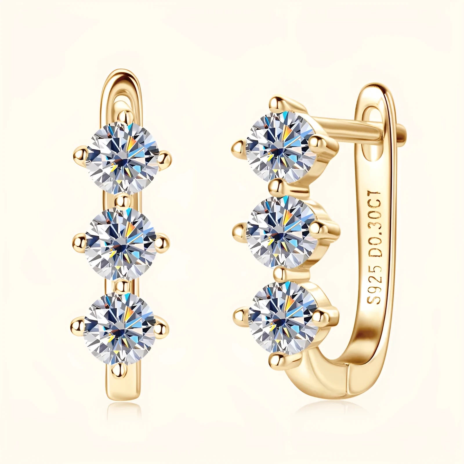 Silver moissanite earrings in gold finish with 0.3 carat round U-shaped geometric design for women