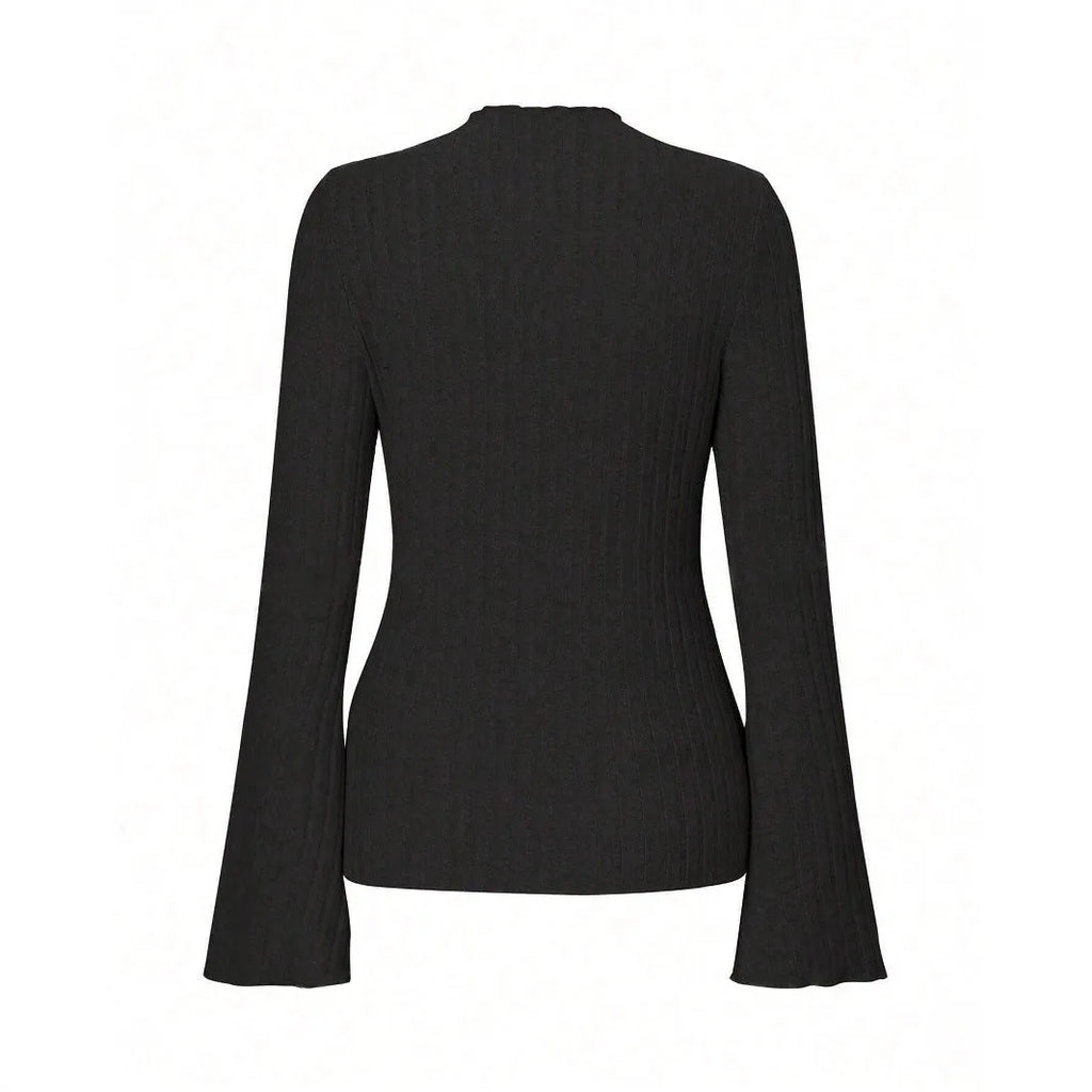 Black long sleeve slim fit top with round neck and lantern sleeves.