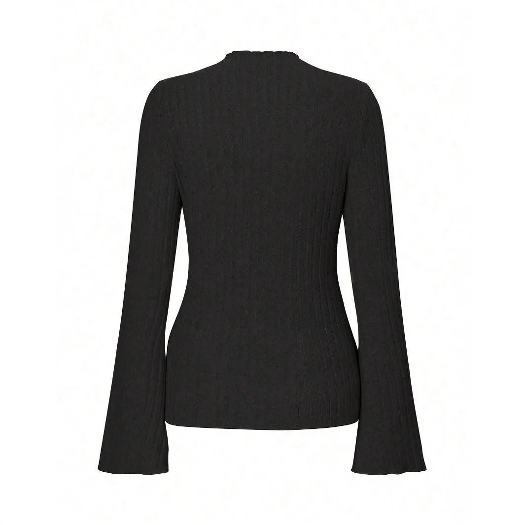 Black long sleeve slim fit top with round neck and lantern sleeves.