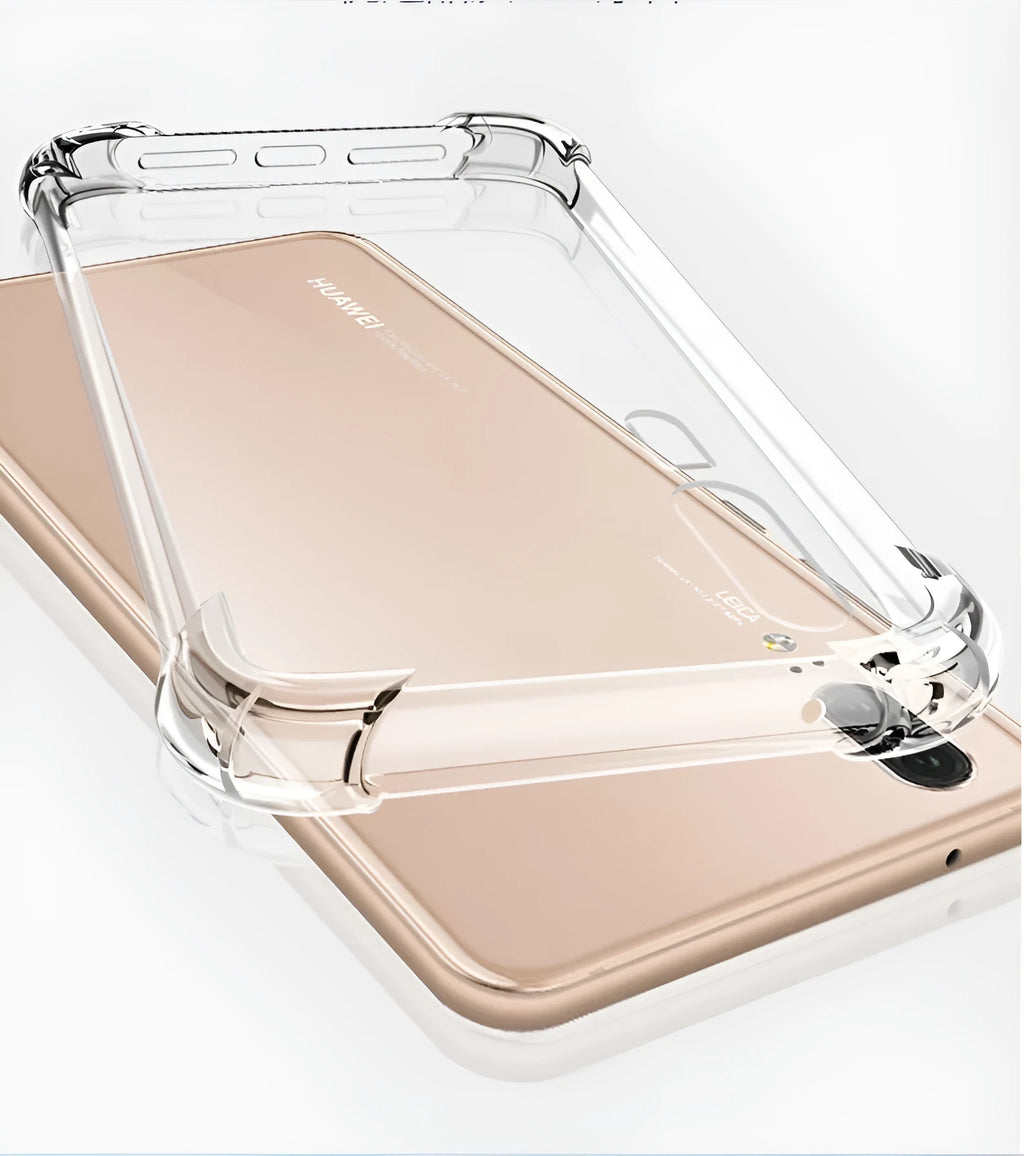 Transparent TPU phone case for Huawei and Honor phones showing airbag anti-fall protection design.