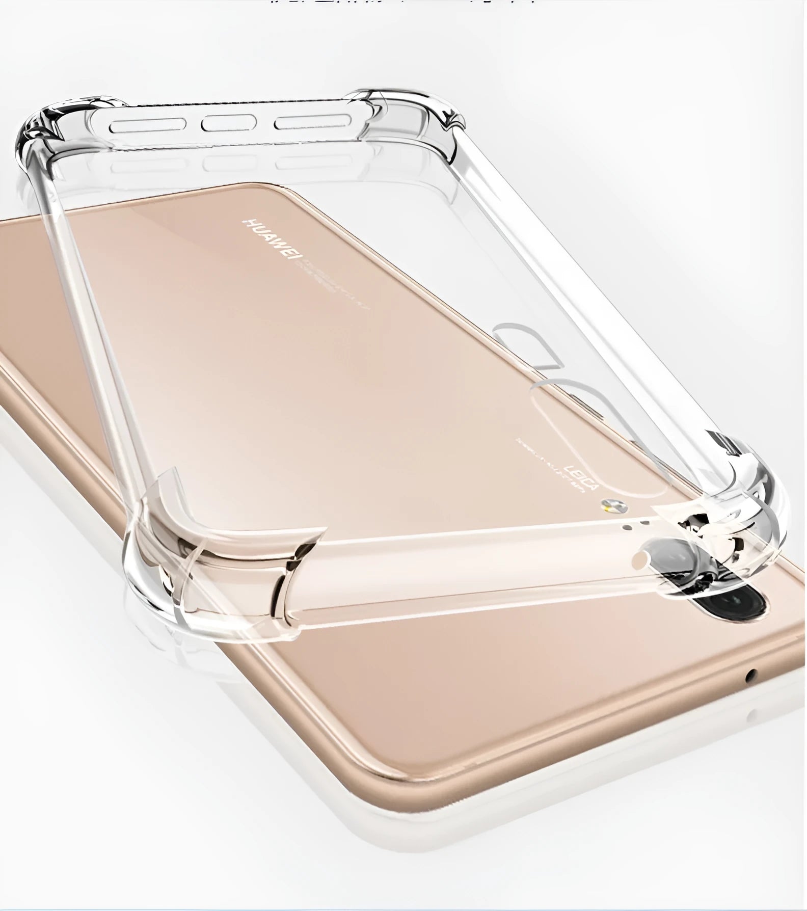 Transparent TPU phone case for Huawei and Honor phones showing airbag anti-fall protection design.