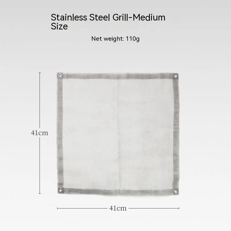 Silver stainless steel barbecue grill with cooking net, shown in large and medium size options.