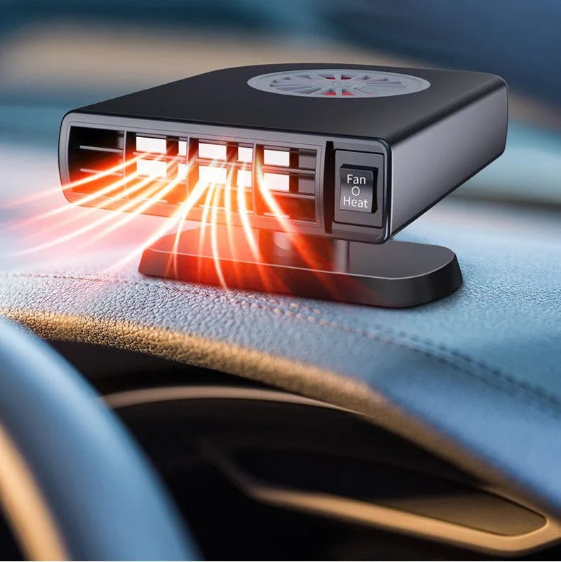Black ABS plastic 12V car heater for defrosting windscreens and purifying cabin air.