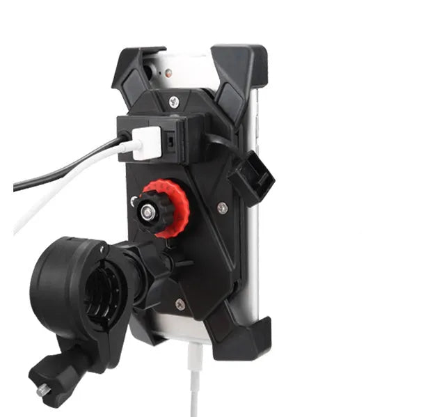 Black ABS motorcycle phone holder with charging port mounted on handlebar with adjustable phone cradle