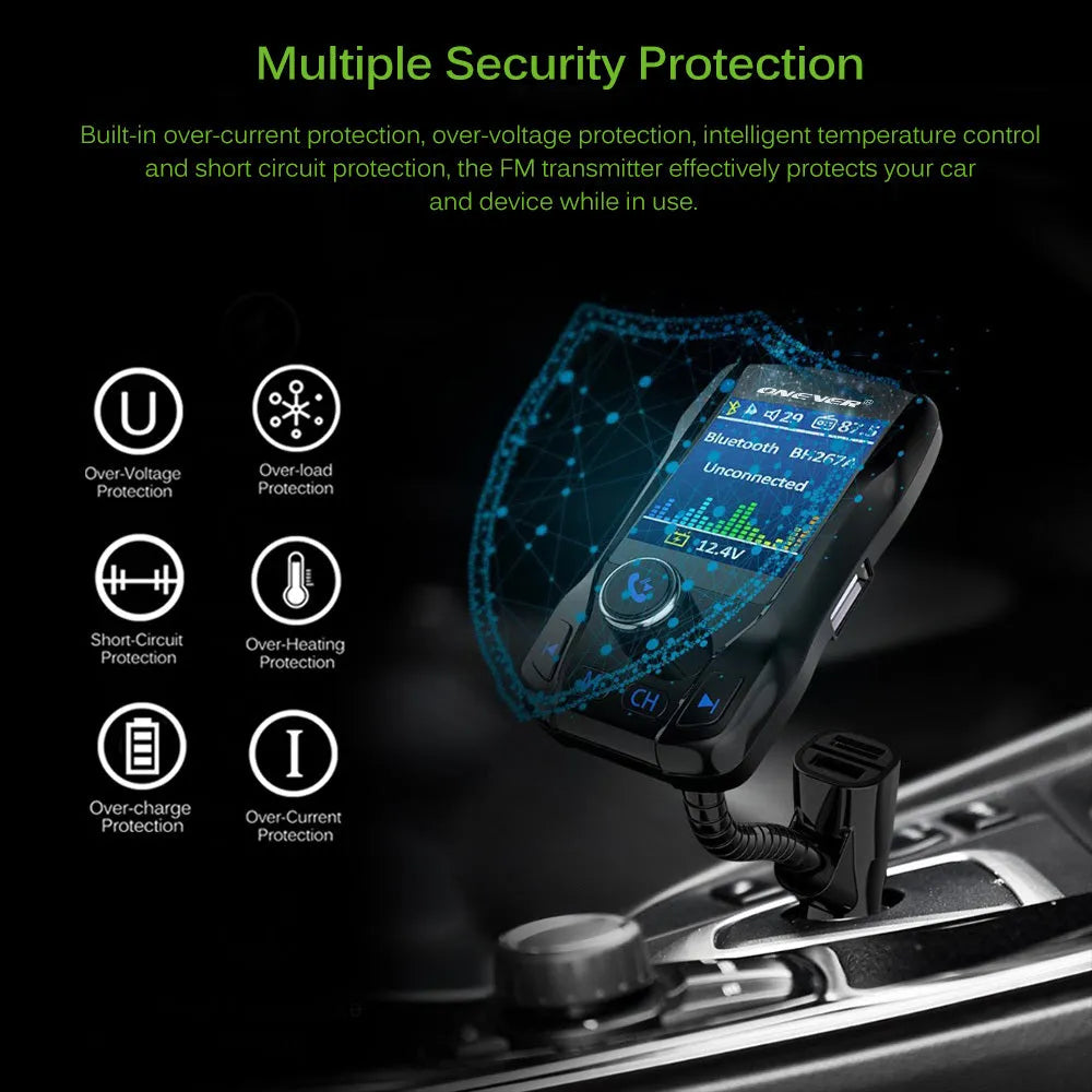 Car Bluetooth FM transmitter with colour screen showing FM frequency and dual USB charging ports