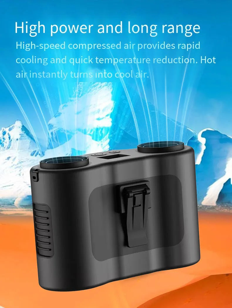 Black 2025 model waist-hung personal fan with waist buckle and neck lanyard for outdoor use.